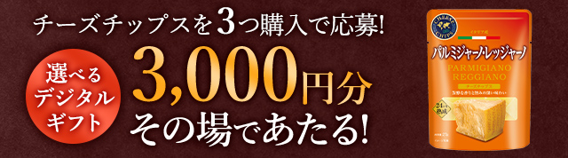 チーズチップスを３つ購入で応募！選べるデジタルギフト3000円分その場であたる！